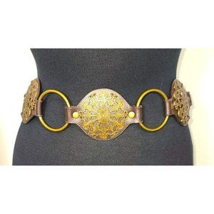 Brass Medallion and Brown Faux Leather Boho Steam Punk Belt